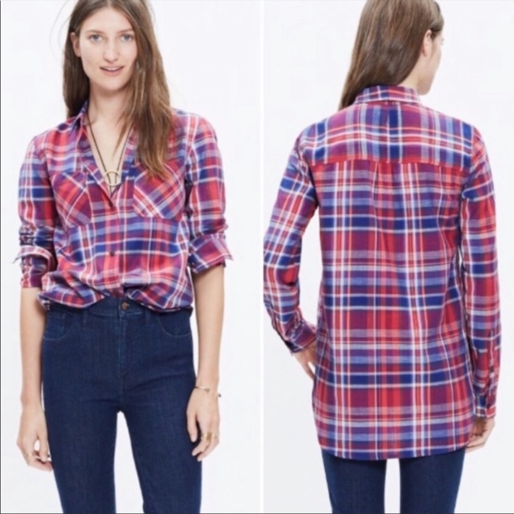 Plaid Button-Up Shirt - Red and Blue